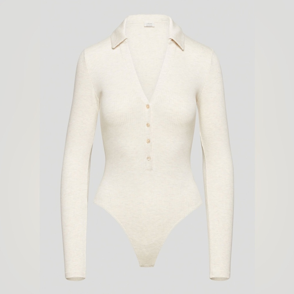 Aritzia charlotte polo long sleeve collared body suite size medium cream color‎